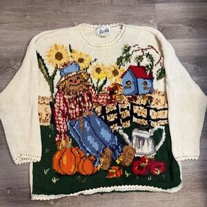Jacque & KoKo Vintage Scarecrow Harvest Knit Sweater Plus 22/24 Cream Cotton